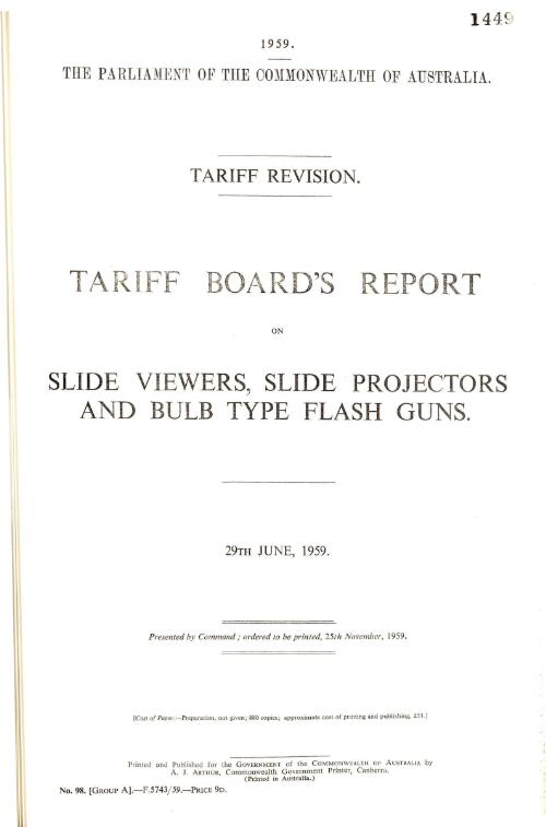 Tariff revision : Tariff Board's report on slide viewers, slide projections and bulb type flash guns, 29th June, 1959