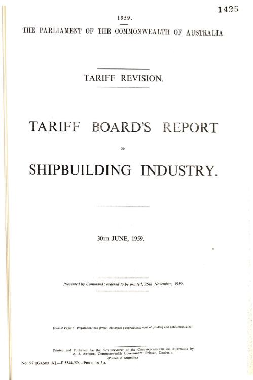 Tariff revision : Tariff Board's report on shipbuilding industry, 30th June, 1959