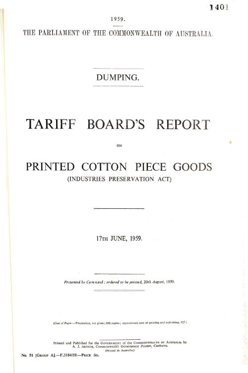 Dumping : Tariff Board's report on printed cotton piece goods (Industries Preservation Act), 17th June, 1959