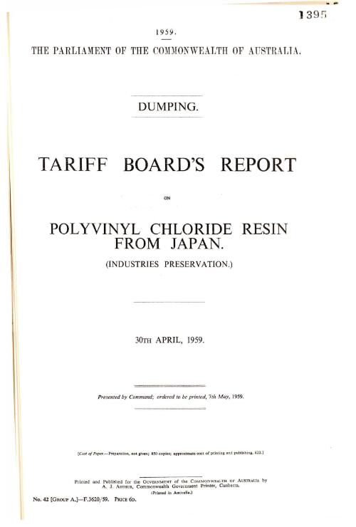 Dumping : Tariff Board's report on polyvinyl chloride resin from Japan (industries preservation), 30th April, 1959