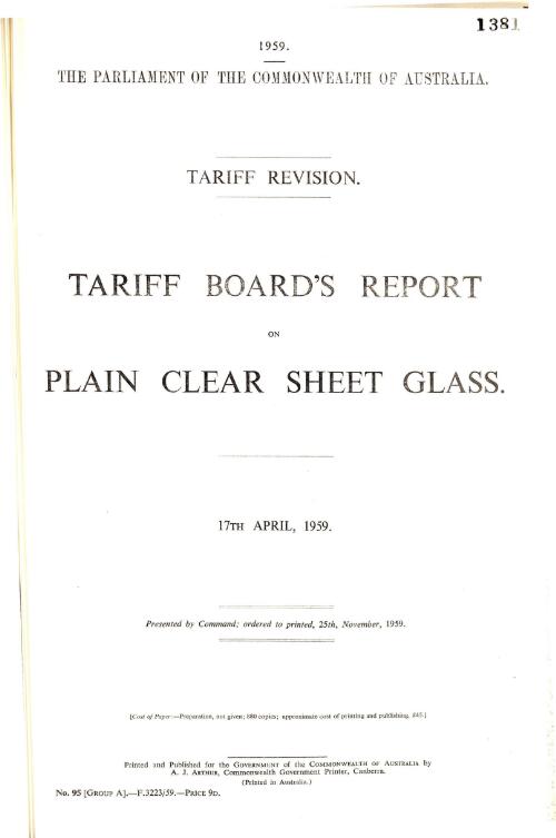 Tariff revision : Tariff Board's report on plain clear sheet glass, 17th April, 1959