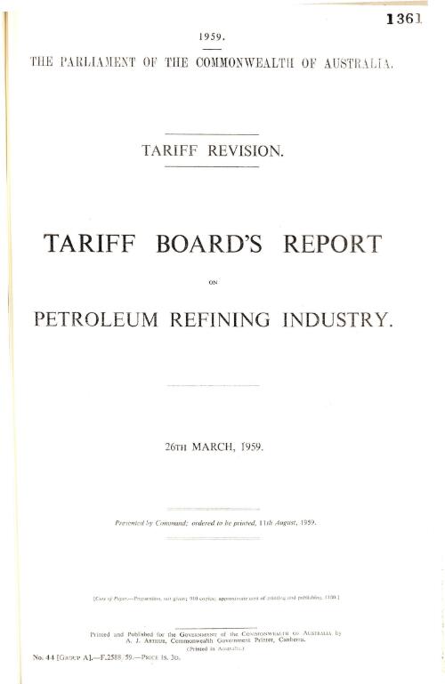 Tariff revision : Tariff Board's report on petroleum refining industry, 26th March, 1959