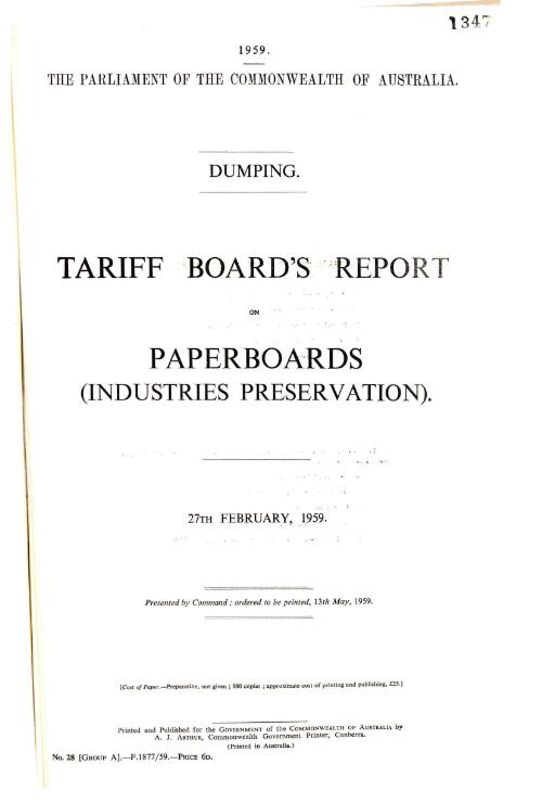 Dumping : Tariff Board's report on paperboards (industries preservation), 27th February, 1959