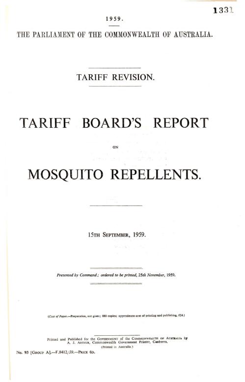 Tariff revision : Tariff Board's report on mosquito repellants, 15th September, 1959