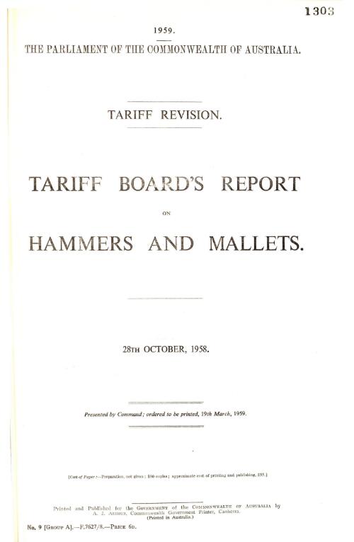 Tariff revision : Tariff Board's report on hammers and mallets, 28th October, 1958