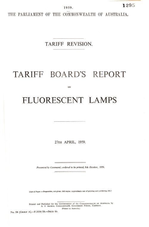 Tariff revision : Tariff Board's report on fluorescent lamps, 27th April, 1959