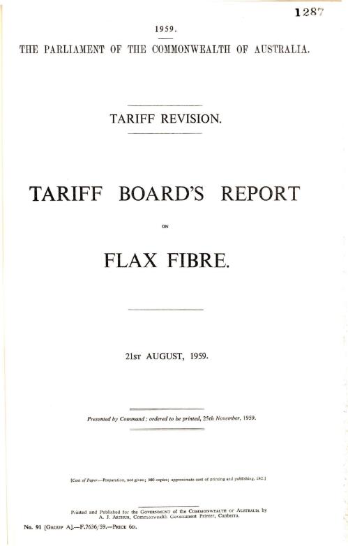 Tariff revision : Tariff Board's report on flax fibre, 21st August, 1959