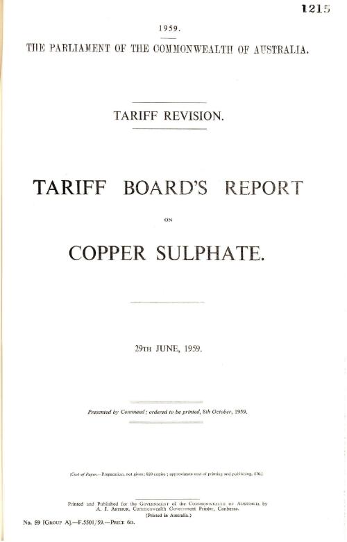Tariff revision : Tariff Board's report on copper sulphate, 29th June, 1959
