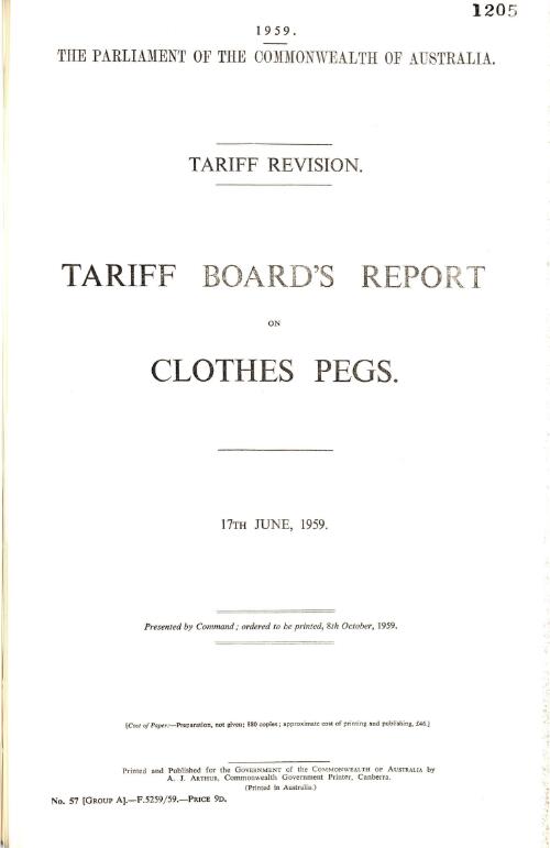 Tariff revision : Tariff Board's report on clothes pegs, 17th June, 1959