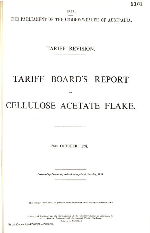 Tariff revision : Tariff Board's report on cellulose acetate flake, 24th October, 1958