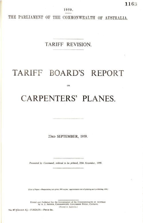 Tariff revision : Tariff Board's report on carpenters' planes, 23rd September, 1959