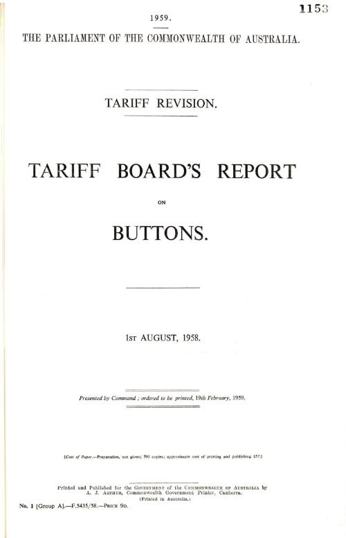 Tariff revision : Tariff Board's report on buttons, 1st August, 1958