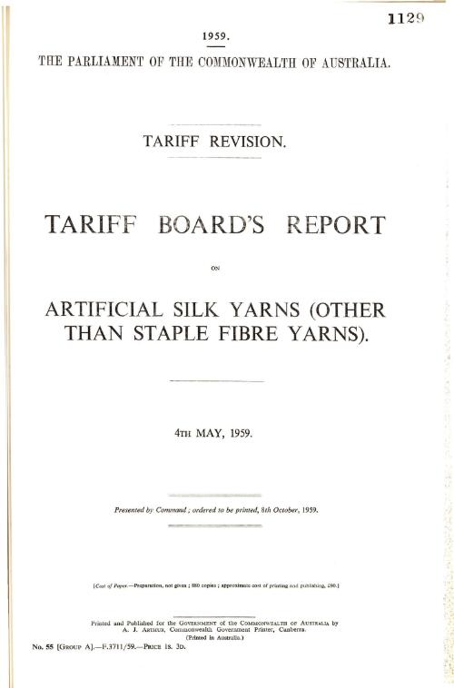 Tariff revision : Tariff Board's report on artificial silk yarns (other than staple fibre yarns), 4th May, 1959