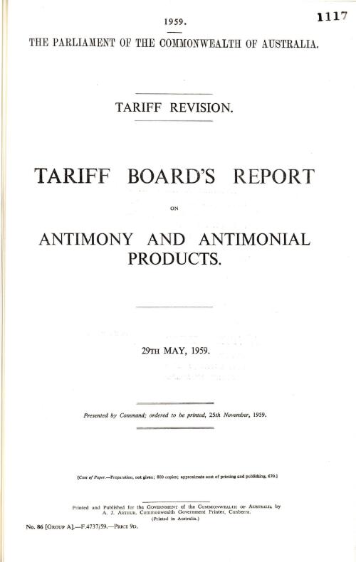 Tariff revision : Tariff Board's report on antimony and antimonial products, 29th May, 1959