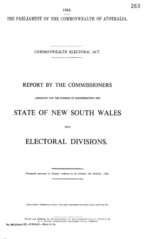 Report by the Commissioners appointed for the Purpose of Redistributing the State of New South Wales into Electoral Divisions