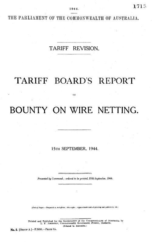 Tariff revision : Tariff Board's report on bounty on wire netting, 15th September, 1944