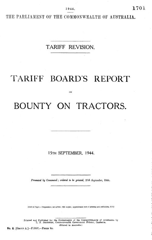 Tariff Board's report on Bounty on tractors