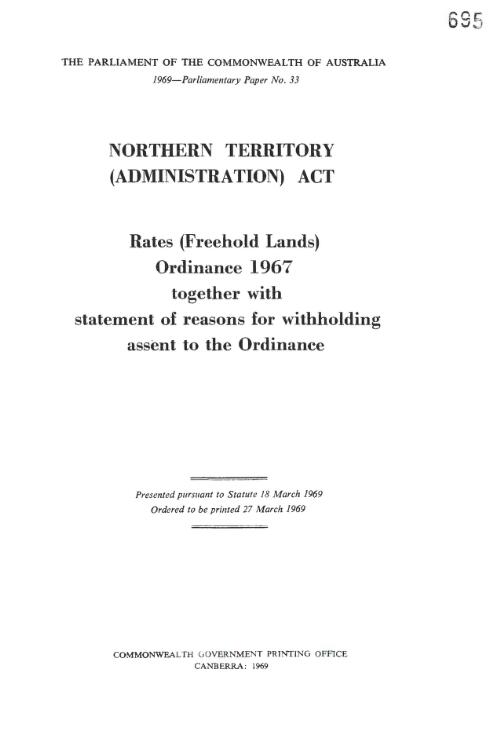 Rates (Freehold Lands) Ordinance 1967 : together with statement of reasons for withholding assent to the Ordinance