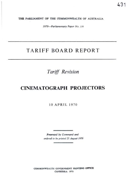 Tariff Board report : tariff revision cinematograpy projectors, 10 April 1970