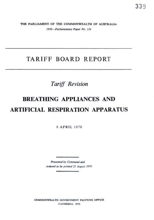 Tariff revision : breathing appliances and artificial respiration apparatus, 8 April 1970