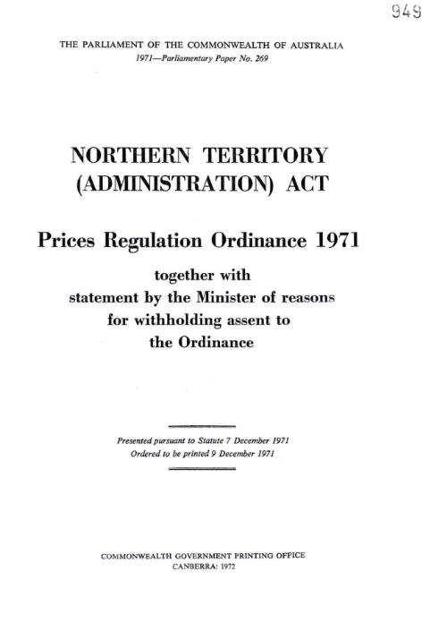 Prices regulation ordinance 1971 : together with statement by the Minister of reasons for withholding assent to the ordinance