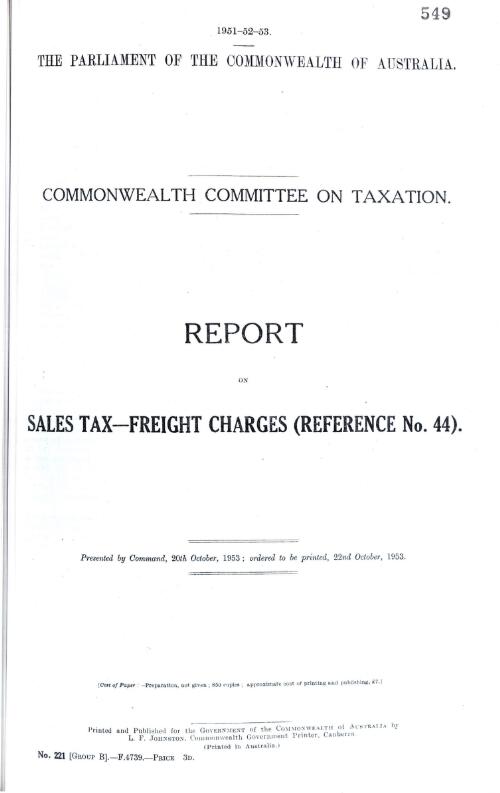 Commonwealth Committee on Taxation - report on sales tax-freight charges (reference no. 44) - 1953