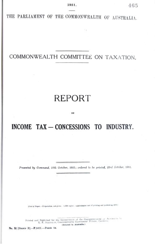 Report on income tax - concessions to industry / Commonwealth Committee on Taxation