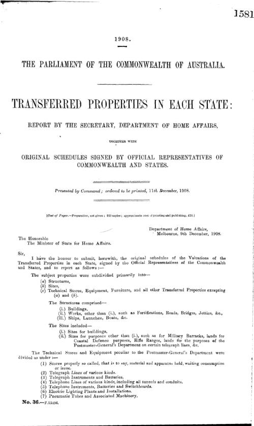 Transferred properties in each state / report by the Secretary, Department of Home Affairs, together with original schedules signed by Official representatives of Commonwealth and States