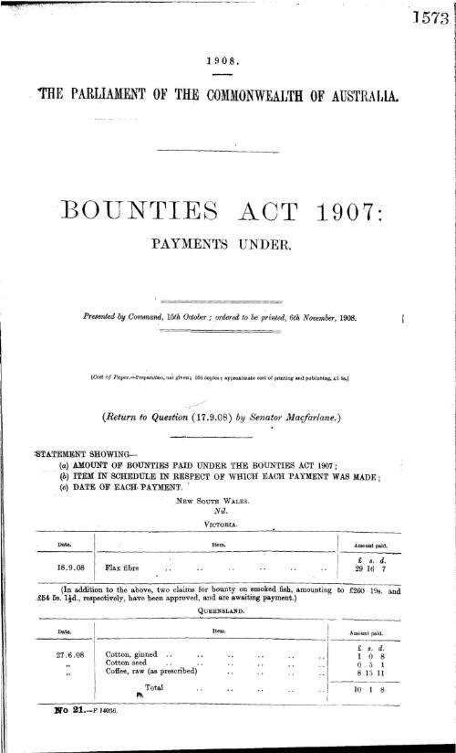 Bounties Act 1907 : payments under