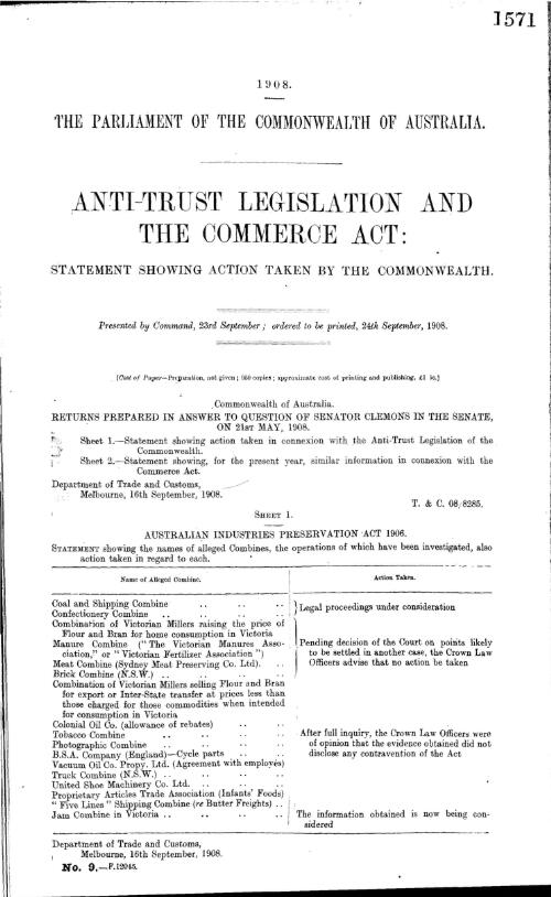 Anti-trust legislation and the Commerce Act : statement showing action taken by The Commonwealth