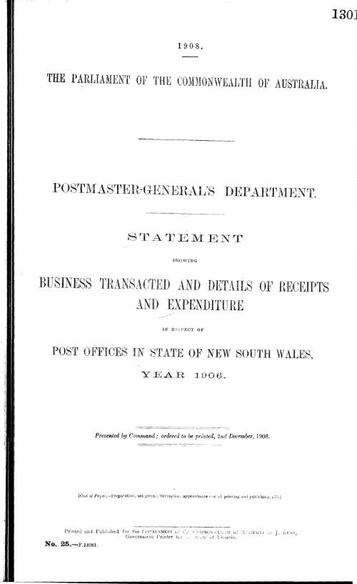 Statement showing business transacted and details of receipts and expenditure in respect of Post Offices in State of New South Wales, year 1906