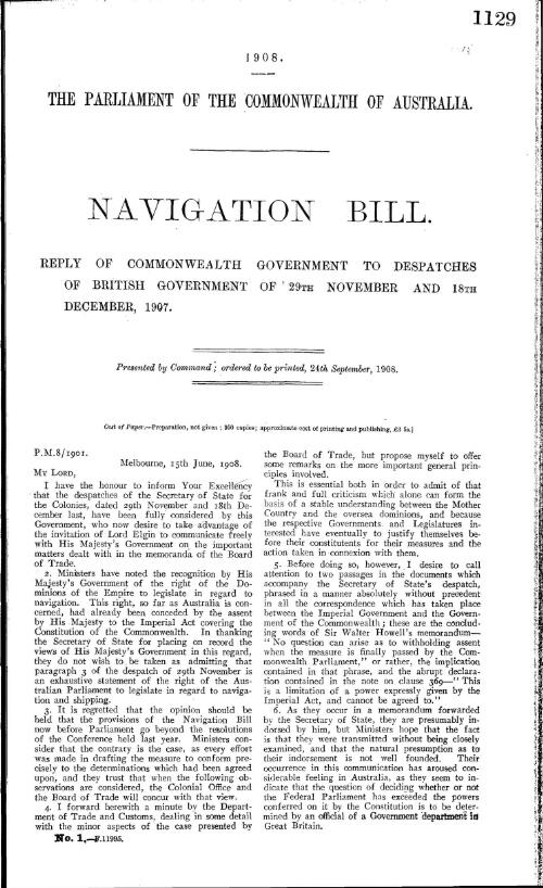 Navigation Bill : reply of Commonwealth Government to despatches of British Government of 29th November and 18th December 1907