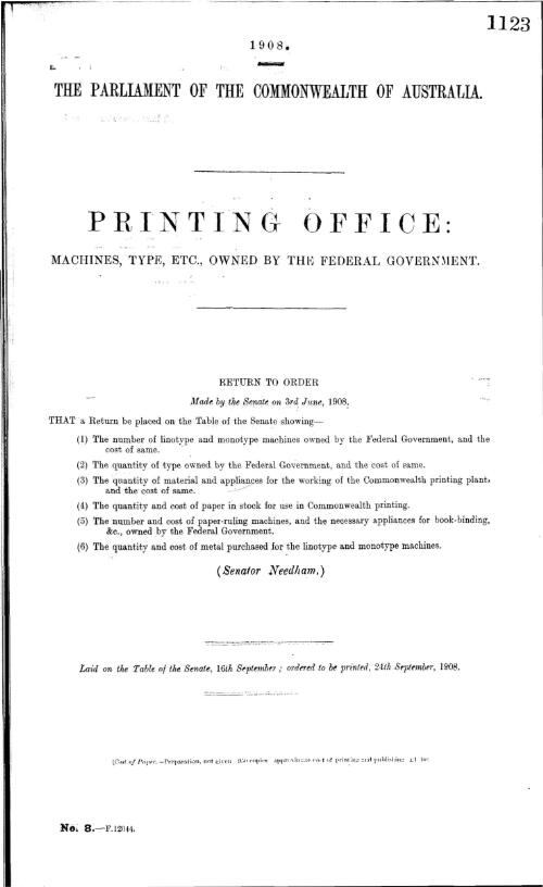 Printing office : machines, type, etc., owned by the Federal Goernment