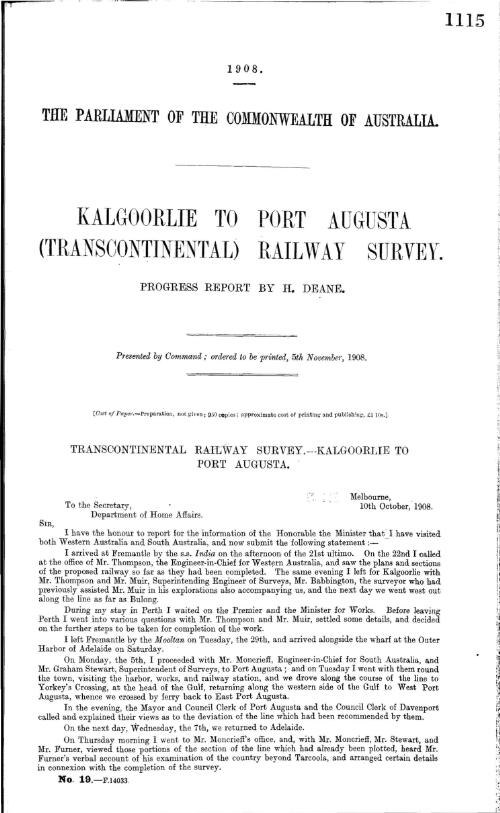 Kalgoorlie to Port Augusta (Transcontinental) Railway survey : progress report  / by H. Deane
