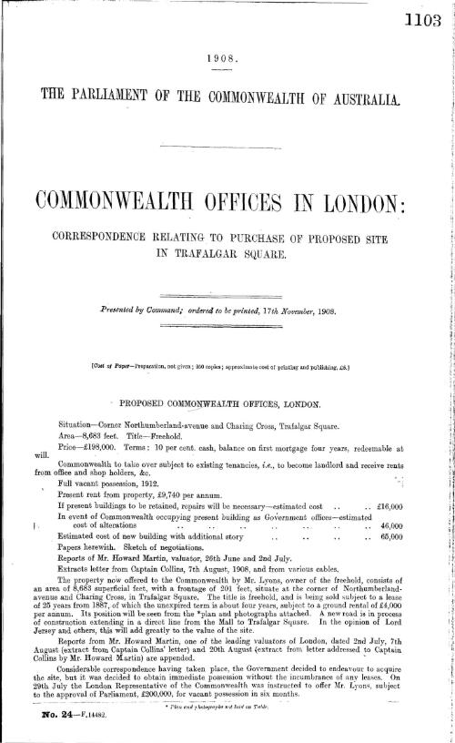 Commonwealth offices in London : correspondence relating to purchase of proposed site in Trafalga Square