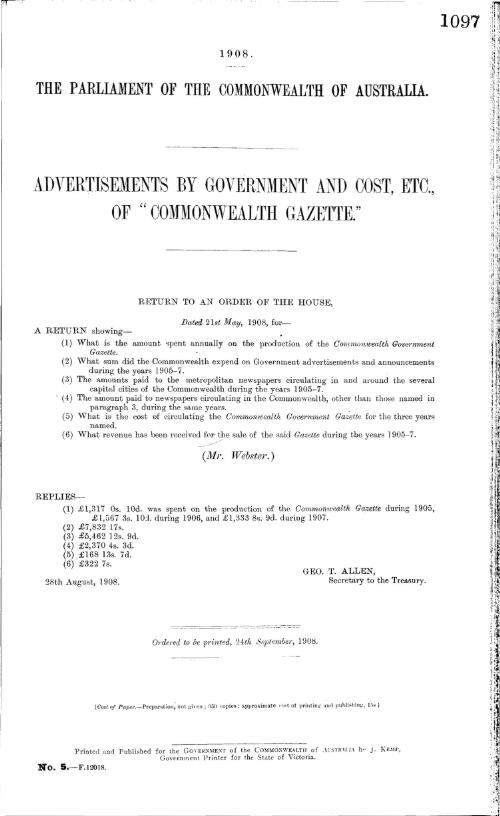 Advertisments by Government and cost, etc., of "Commonwealth Gazette"