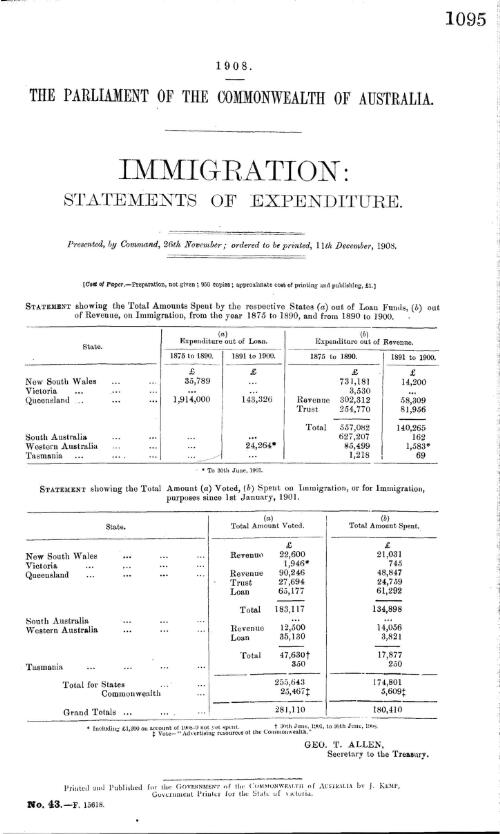 Immigrtion : statements of expenditure