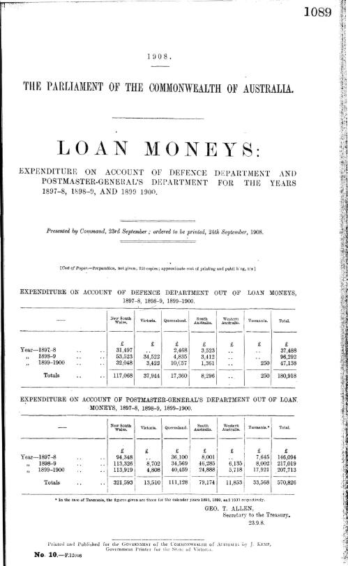 Loan moneys : expenditure on account of Defence Department and Postmaster-General's Department for the years 1897-8, 1898-9 and 1899 1900