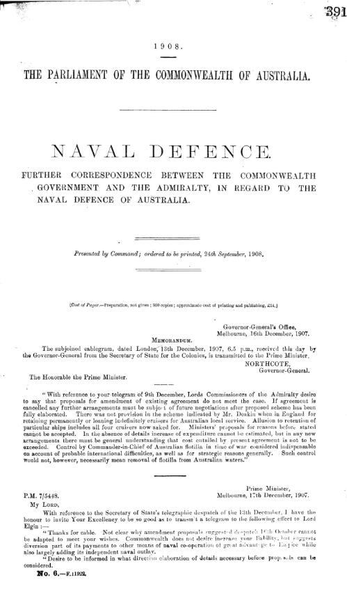 Naval Defence. : further correspondence between the Commonwealth Government and the Admiralty, in regard to the Naval defence of Australia