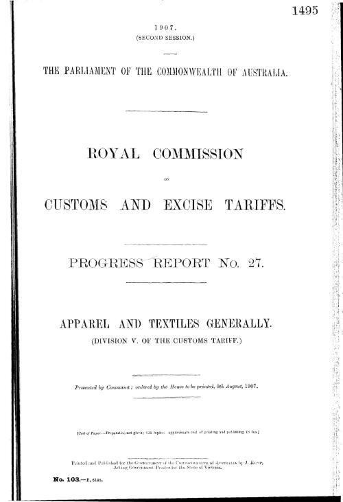 Progress report no. 27. : Apparel and textiles generally. (Division V of the Customs Tariff.)