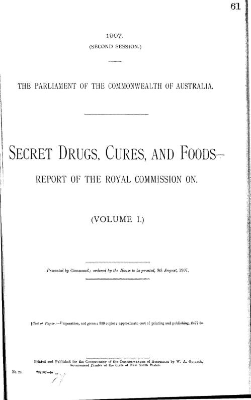 Secret drugs, cures and foods - Report of the Royal Commission on