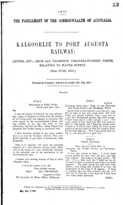 Kalgoorlie to Port Augusta railway : letter etc., from Jas.Thompson, Engineer-in-Chief, Perth, relating to water supply