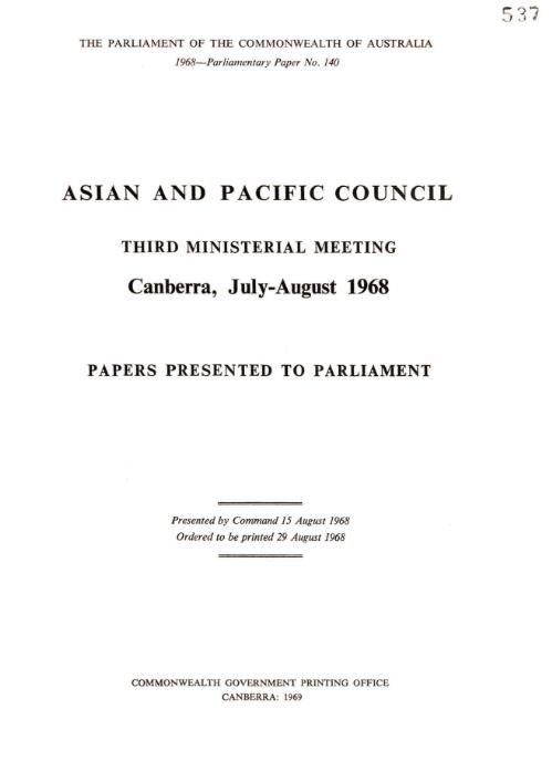 Asian and Pacific Council - 3rd Ministerial Meeting, Canberra, 30 July - 1 August 1968 - agreement establishing a cultural and social centre for Asian and Pacific Region, dated 1 August 1968 - Joint Communique - 1968