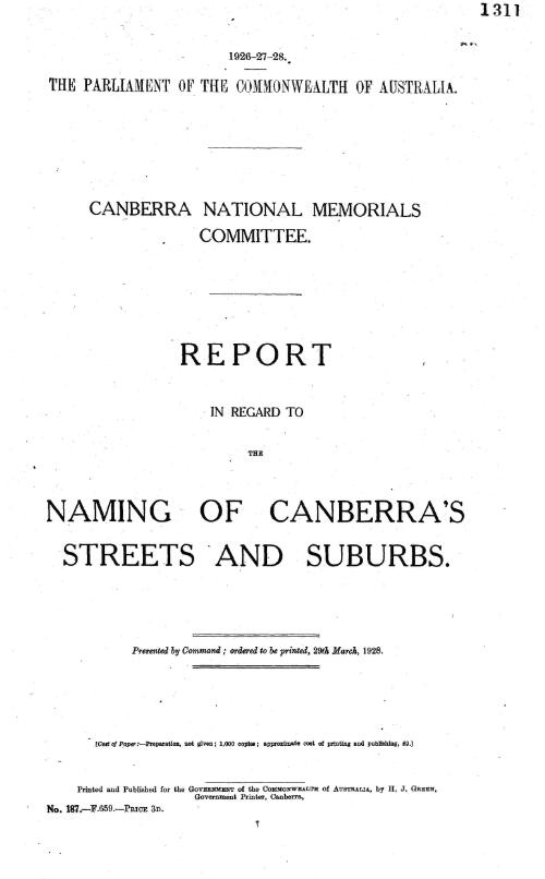 Report in regard to the naming of Canberra's streets and suburbs
