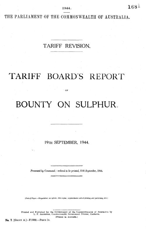 Tariff Board's report on bounty on sulphur, 19th September 1944