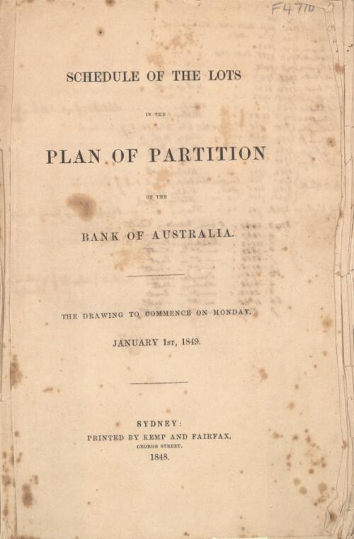 Schedule of the lots in the plan of partition of the Bank of Australia : the drawing to commence on Monday, January 1st, 1849