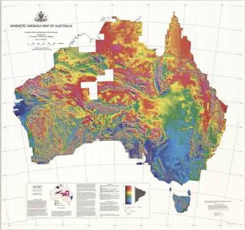 Magnetic anomaly map of Australia [cartographic material] : gradient-enhanced residuals of total intensity, scale 1:5 000 000 / compiled by C. Tarlowski, F. Simonis & P. Milligan ; AGSO Airborne Group Geophysical Mapping