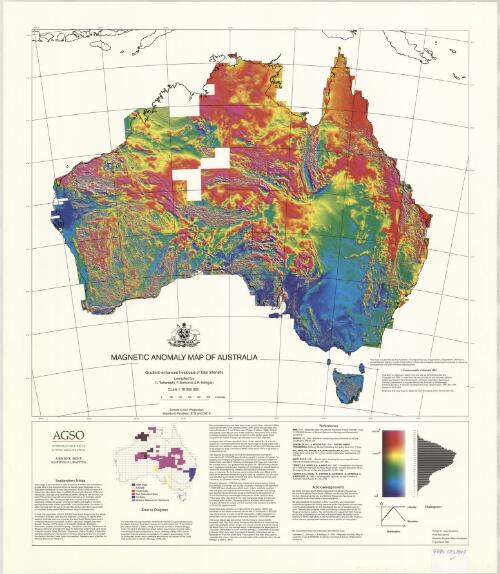 Magnetic anomaly map of Australia [cartographic material] : gradient-enhanced residuals of total intensity, scale 1:10 000 000 / compiled by C. Tarlowski, F. Simons & P. Milligan ; AGSO Airborne Group Geophysical Mapping