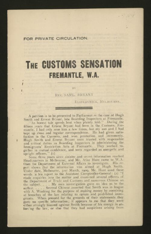 The customs sensation, Fremantle, W.A. / by Rev. Saml. Bryant