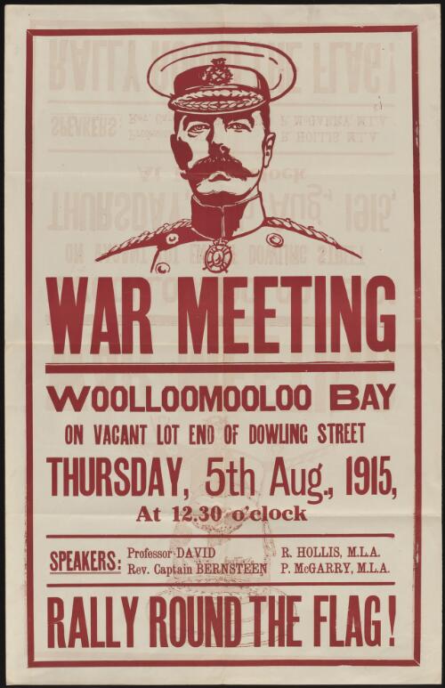 War meeting : Woolloomooloo Bay on vacant lot at end of Dowling Street : Thursday, 5th Aug., 1915, at 12:30 o'clock